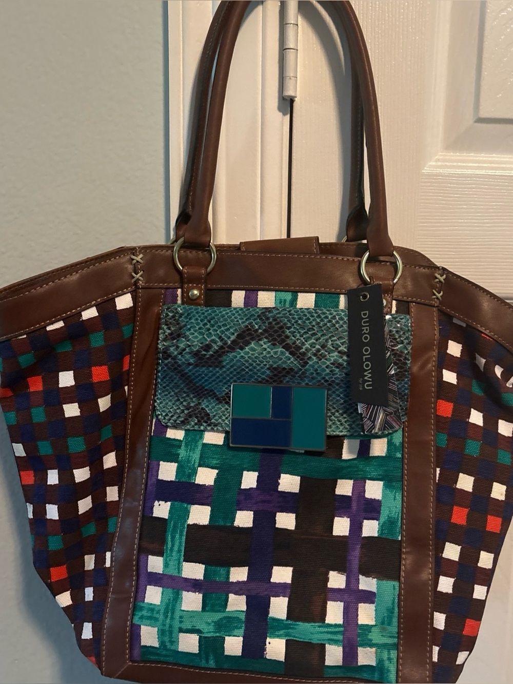 Duro Olowu Teal & Brown Woven Tote